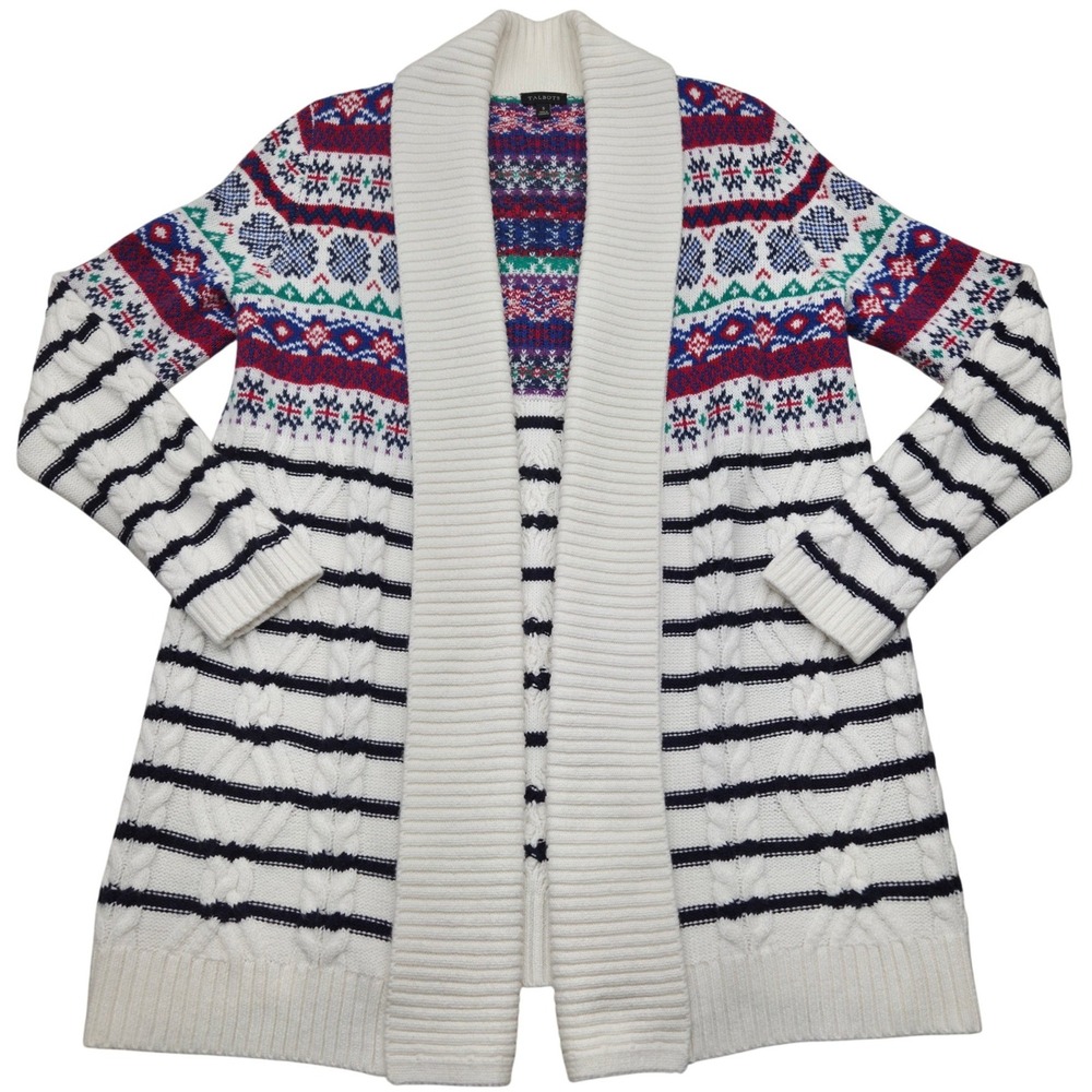 Talbots Fair Isle‎ Cardigan Cable Knit Sweater White Blue Red Womens Small